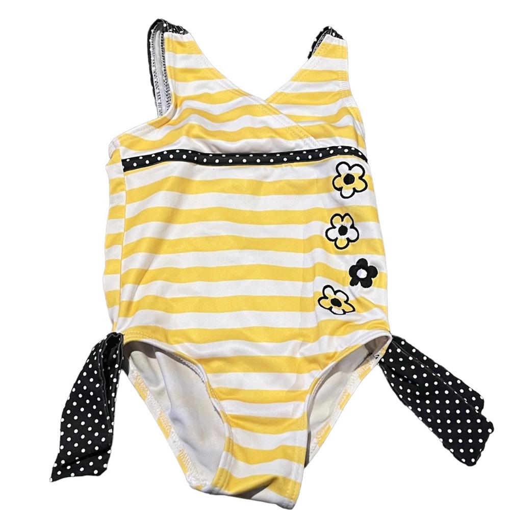 Yellow and white striped one piece bathing suit, 2T